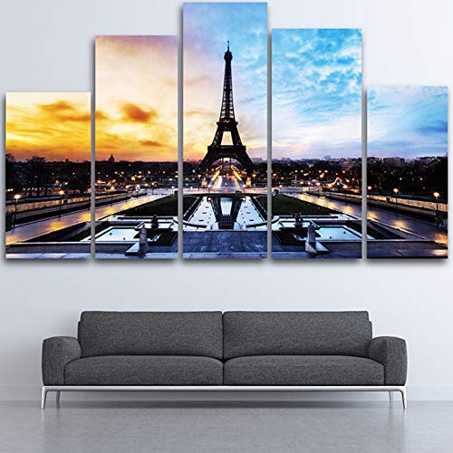 RDCHY Impression sur Toile Vue de Nuit de la Ville de Paris Tableau Peinture sur Toile Moderne pour Salon Appartement Chambre Décoration, 5 Pieces/sans Cadre
