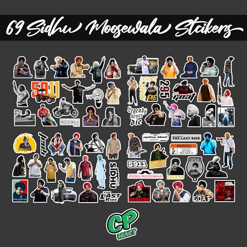 Image of Pack of 65 - Sidhu Moose Wala Stickers | Waterproof Vinyl Punjabi Singer Stickers for Laptop, Mobile, Bike, Car, Helmet | Aesthetic Decals for Fans