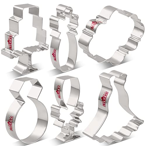 LILIAO Wedding Cookie Cutter Set for Anniversary/Bridal/Engagement - 6 Piece - Diamond Ring, Wedding Dress, Cake, Plaque, Champagne with Ribbon and Champagne Glass with Ribbon - Stainless Steel