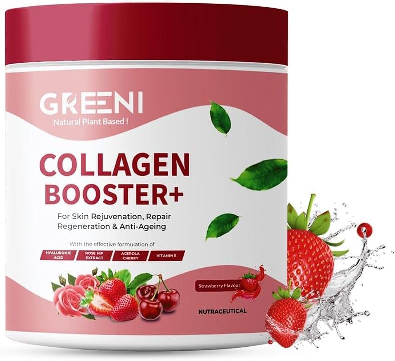 Greeni Collagen Booster Powder for Healthy, Youthful & Glowing Skin | 100% Plant-based with Hyaluronic Acid & Rose Hip Extract| For Women & Men | Strawberry Flavour, (Pack Of 1)