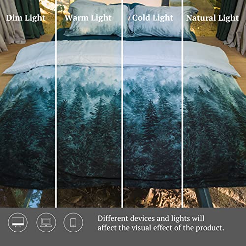 Mildly 100% Egyptian Cotton Mountain Duvet Cover Set, Blue Green Gradient Trees Pattern Printed Comforter Cover Set Forest Reversible Teal Blue Bedding Set 3 Pieces With Zipper Closure & Corner Ties #TOP4