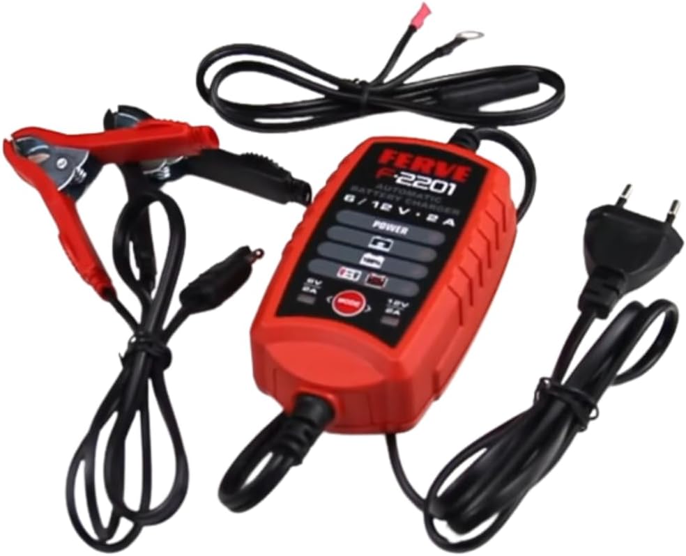 Ferve F-2201 charger with included battery clamps and terminal connectors.