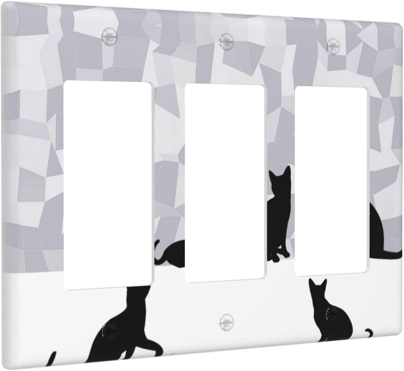 Black Cat Silhouette and Gray Geometry Mosaic 3 Gang Rocker Light Switch Plate Triple Outlet Wall Cover Decorative Decora GFCI Electrical Switchplate for Bathroom Kitchen Home Decor
