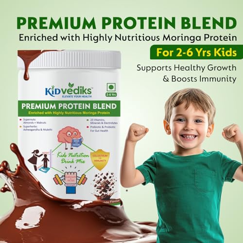 Image of kidvediks Kids Nutrition Drink Mix for 2-6 Years Pack of 2 ( 350g Each) -5 Premium Protein sources+23Vitamins& Minerals ,DHA, Moringa, calcium,zinc| No Refined Sugar, Artificial Flavours or Preservatives|