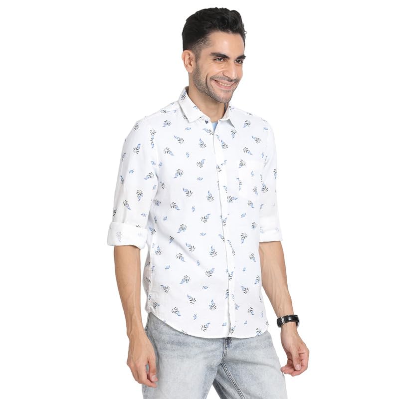 Image of Turtle Men Cotton Linen White Printed Slim Fit Full Sleeve Casual Shirt