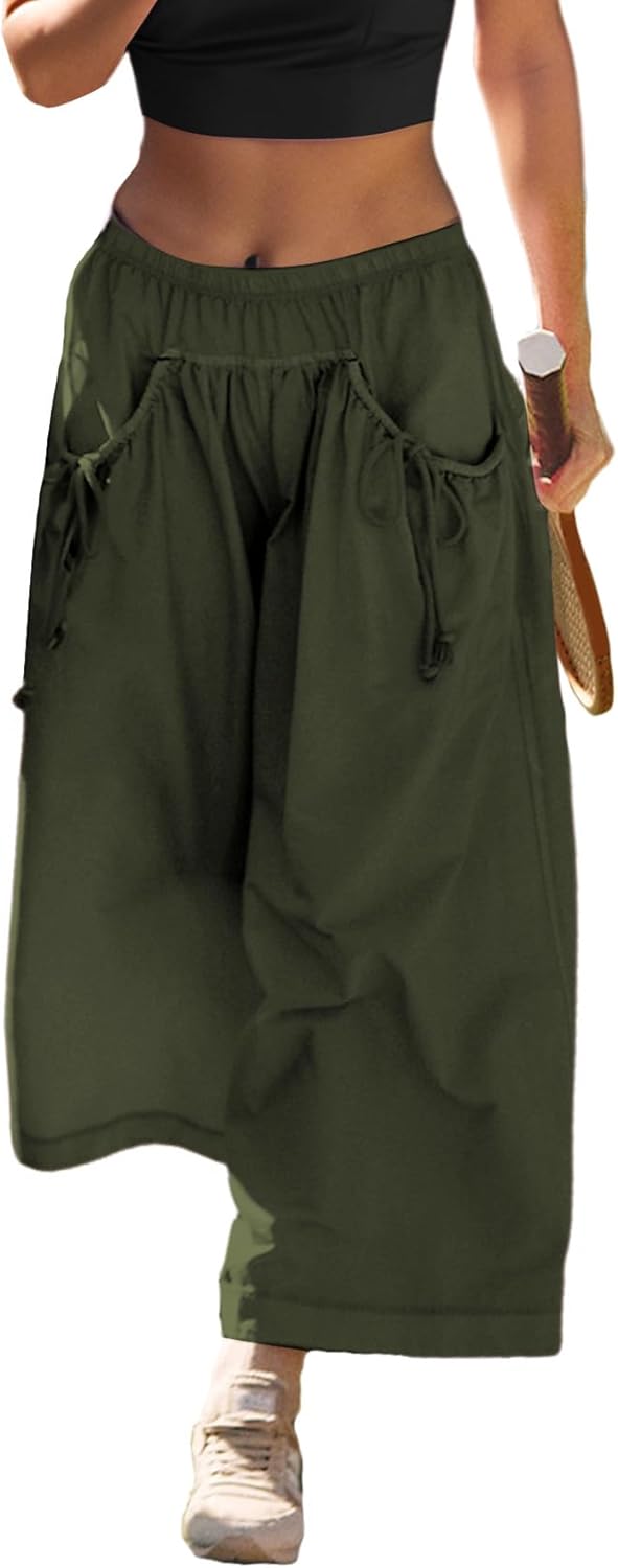Wyeysyt Womens Wide Leg Track Pants Loose Drawstring Elastic Waist Capri Hiking Baggy Pants with Pockets