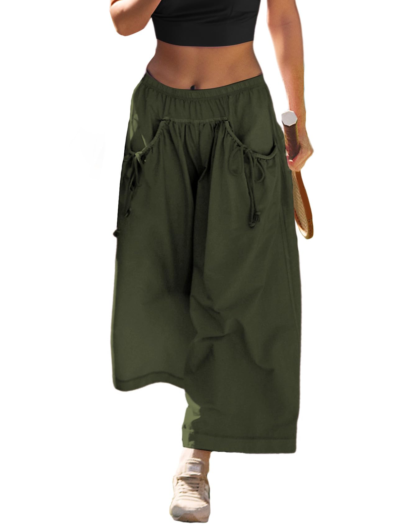 Wyeysyt Womens Wide Leg Track Pants Loose Drawstring Elastic Waist Capri Hiking Baggy Pants with Pockets