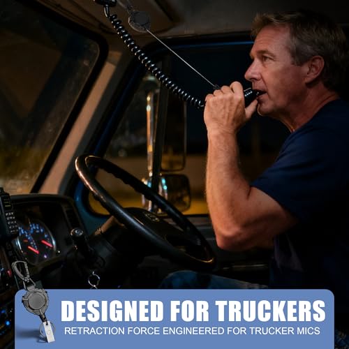 Image of Ezcora CB Mic Holder Retractable Microphone Keeper Heavy Duty CB Radio Retractable Hanger Tether, 32 inch Stainless Steel Cord, 12 inch Nylon Attachment Lanyard, D-Ring Mount Included