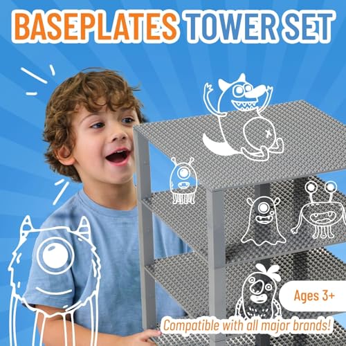 Strictly Briks Large Classic Stackable Baseplates - Gray Base Plate - Building Bricks for Towers and Shelves - 4 Base Pl