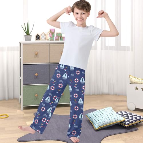 Boy's Pj Pants Ship Life Buoy Fish Dark Blue Lounge Bottoms Elastic Kids Sweatpants Joggers with Pockets Size 6-144