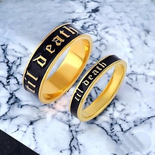 6mm and 4mm Wide Til Death Black Enamel Ring,Sterling Silver Band with Black Engraving, Gothic Wedding or Promise Ring, Stacking Anniversary Band, Personalized Jewelry for Her