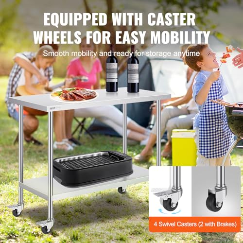 Image of VEVOR Stainless Steel Work Table 24 x 48 x 38 Inch, with 4 Wheels, 3 Adjustable Height Levels, Heavy Duty Food Prep Worktable for Commercial Kitchen Restaurant, Silver