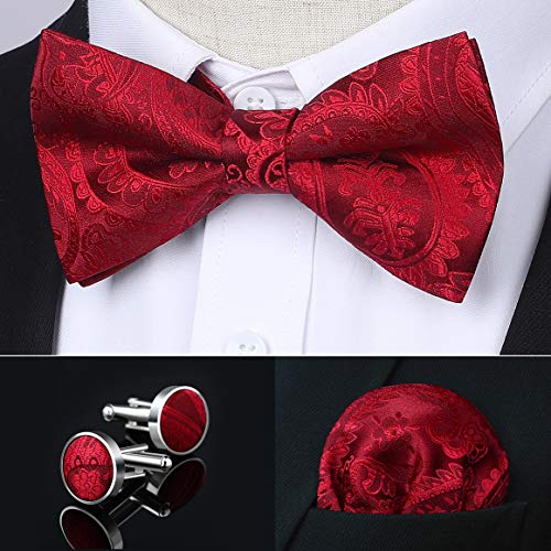 Image of HISDERN Bow Ties for Men Pretied Bow Tie Set Paisley Classic Bowties and Pocket Square Cufflinks Set for Wedding Party