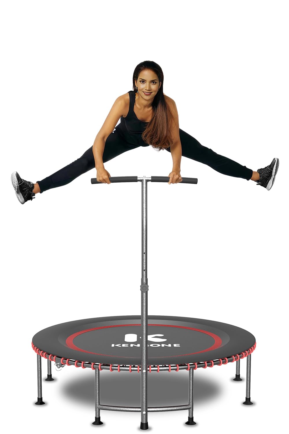 KENSONE 40"/48" Mini Fitness Trampoline with Bungee Cords, 450/550LBS Quiet Rebounder Trampoline for Adults with Adjustable U/T-Shape Foam Handrail, Exercise Trampoline for Indoor/Garden/Gym Workout