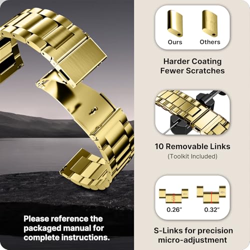 Image of Fullmosa 20mm Stainless Steel Watch Band, Quick Release Metal Replacement Strap with Removable Links, Includes Spring Bars & Link Removal Tool for Men Women (Golden)