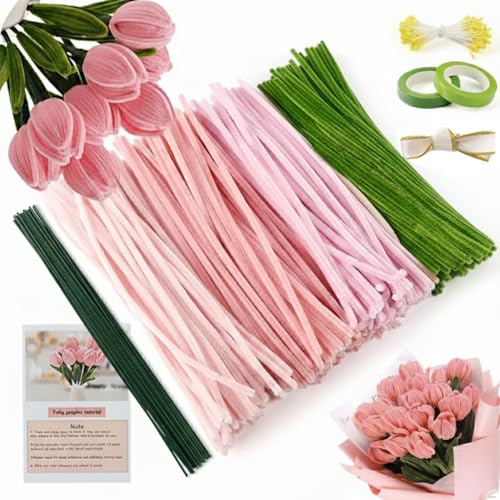 480 Pcs Pipe Cleaners for Flower Making Multi-Colored Chenille Stems - Complete Arts and Crafts Supplies Kit for DIY Flowers Home Decor Kids and Adult Art Projects (Pink)