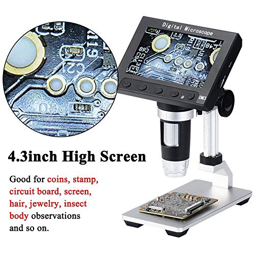 Jiusion 4.3inch Screen Full Color LCD Digital USB Microscope with 16G Micro SD Card, 10X - 500X Magnification Zoom Camera 1920X1080P Video Recording/Saving, PCB Coins Magnify for Windows, Mac