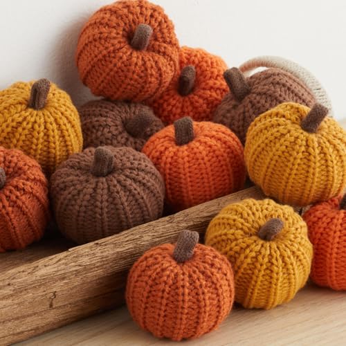 Image of Mini Knit Pumpkins, Orange, Set of 12 (Mini Orange Set 12) | Fall Decor, Bowl Fillers, Gold Accents, Thanksgiving Tablescape