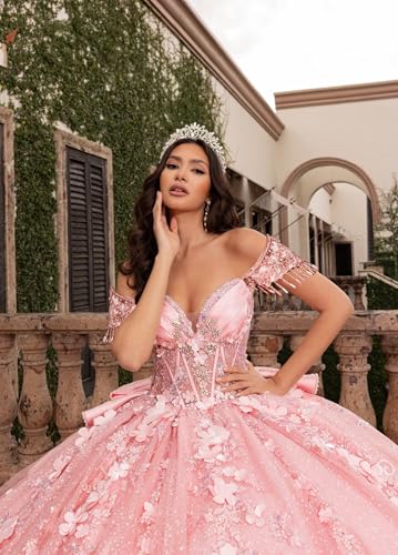 Sequin Appliques Quinceanera Dresses with Bow 3D Floral Ball Gown Puffy Tulle Quince Dresses Off Shoulder 15 Dress3