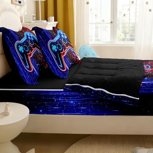 Image of Kids Comforter Set,Zipper Bedding Twin for Teen,Gaming Printed Comforter Set with Fitted Sheets and Pillowcases for All Season(Red-Blue Gamepad Twin)