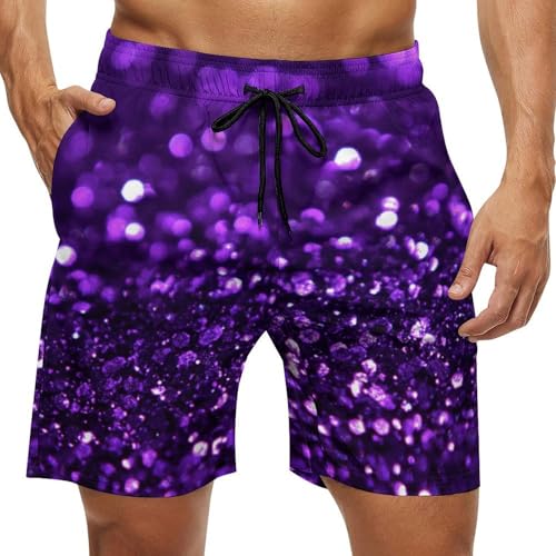 Purple Glittery Sparkles Men's Shorts Casual Classic Fit Drawstring Summer Beach Shorts with Pockets