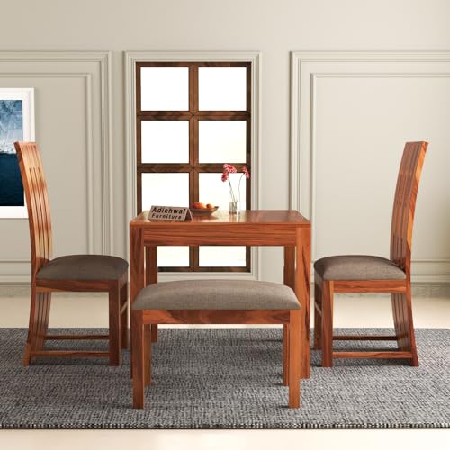 Image of Sheesham Wood 2 Chair with 1 Bench Dining Table Set with Cushioned Chairs for Dining Room | Living Room | Home & Office | (4 Seater with Bench, Honey B)