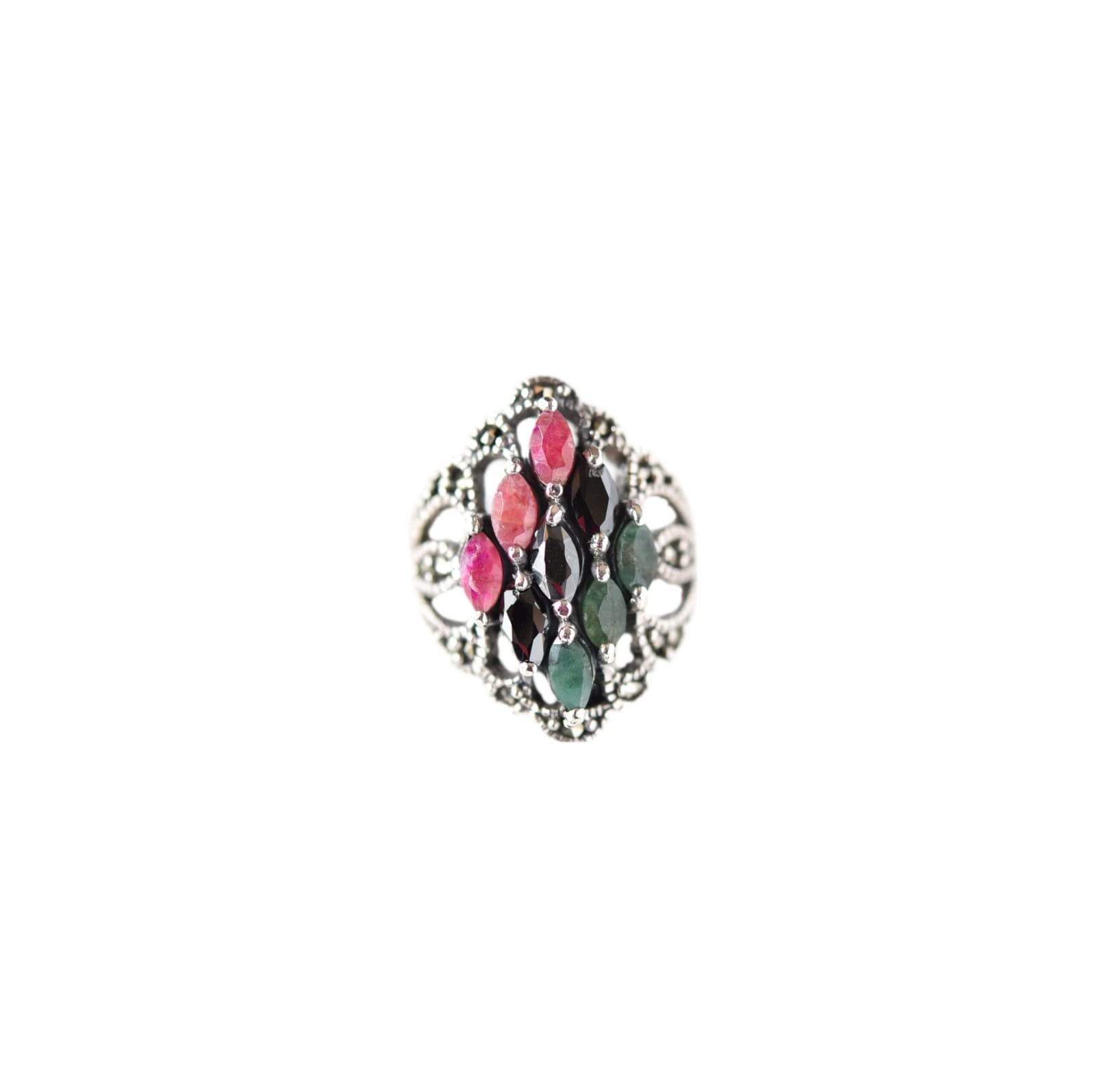 Laviero GioielliWomen's Ring with Emerald Root, Ruby, Sapphire and Marcasite in 925 Sterling Silver, Handmade, Handcrafted, Made in Italy