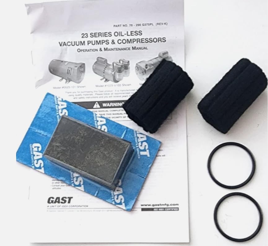 GAST K478 Compressor Pump Vane Rebuild/Service Kit for 0323/0523 Models. Service kit Includes: (4) AH850A Vanes, (2) AK524 Filters, (2) AK473 O-Rings, (1) AK521 Gasket and Instructions. EasyPro RV33V