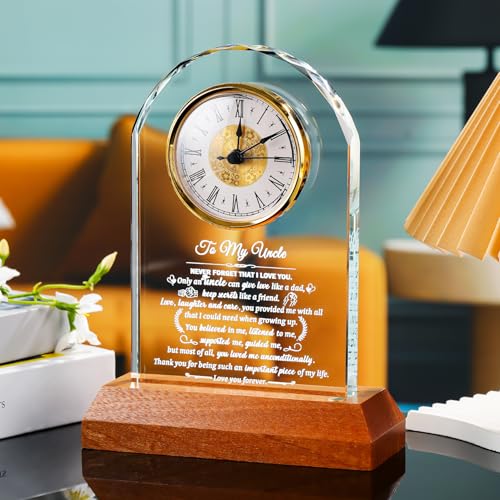 Image of Arikyrist Gifts for Uncle from Niece Nephew Glass Clock Birthday Gift with Wooden Light Base, Presents for Best Uncle Who Have Everything Fathers Day Christmas Keepsakes Table Decor