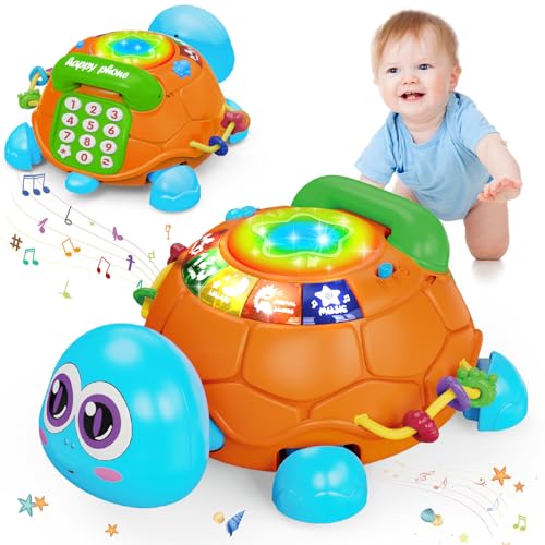 Image of Ussybaby Baby Toys 6 to 12 Months,Infant Musical Turtle Crawling Toy with Phone Hand Drum, Baby Toy 7 8 9 10 18 Months 1-2 Year Old Girl Boy Gift (Blue)