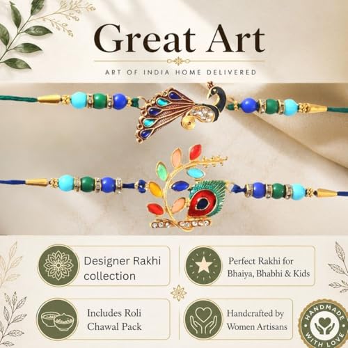 Image of Great Art Raksha Bandhan Rakhi Set with Roli Chawal or Fridge Magnet Card for Brother | Designer Beaded Rakhi Combo Pack-FM116