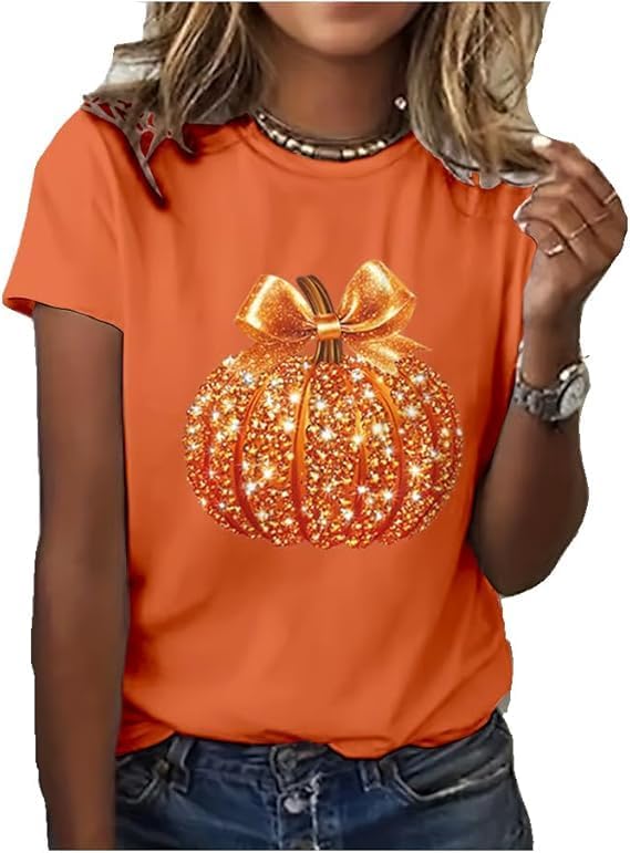 Women's Retro Autumn Sequin Pumpkin Print Crew Neck T-Shirt Halloween Sparkle Sequin Pumpkin Shirt for Women