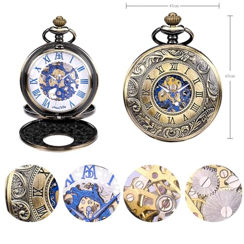 Image of ManChDa Mechanical Roman Numerals Dial Skeleton Pocket Watches with Luxury Wooden Box and Chains for Mens Women