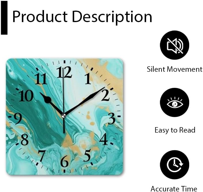Battery Operated Wall Clocks Abstract Teal and Gold Marble Pattern Silent Non-Ticking Decor Clock with Photo for Bathroom,Office(12inch)