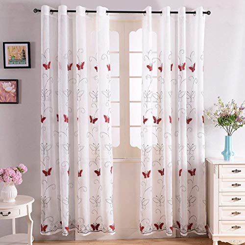Topfinel Rideau Voilage Broderie en Papillons 140cmx225cm Decoration Chambre Fille Rideaux Salon à Oeillets pour Cuisine, Deux Panneaux, Rouge