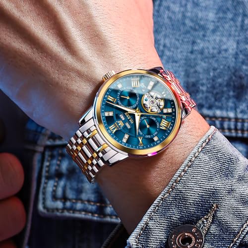Image of OLEVS Automatic Watches for Men Self Winding Mechanical Skeleton Luxury Dress Stainless Steel Diamond Men Wrist Watches