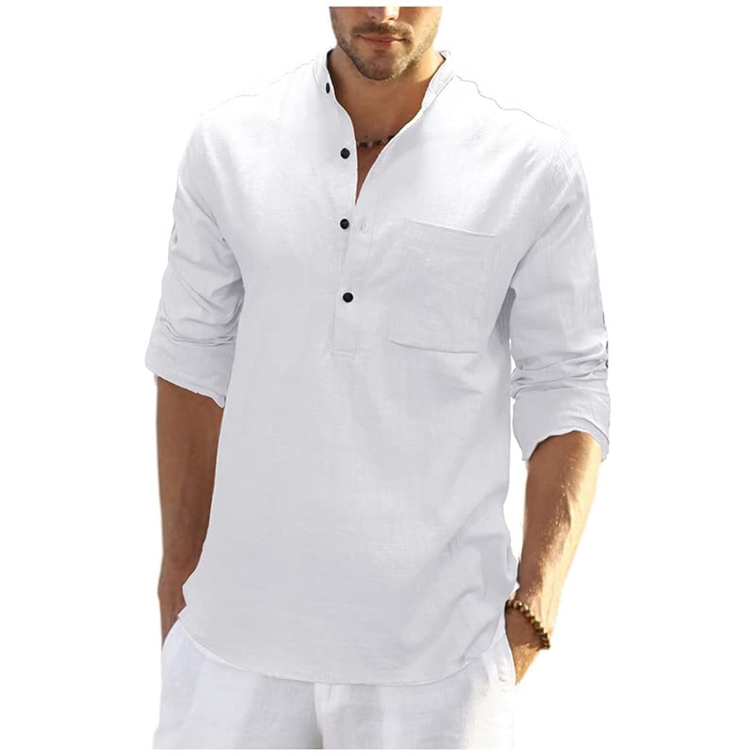 Ovetour2023 Men's Casual Shirts Linen Henley Shirts Summer Beach Long Sleeve Loose Fit T Shirt