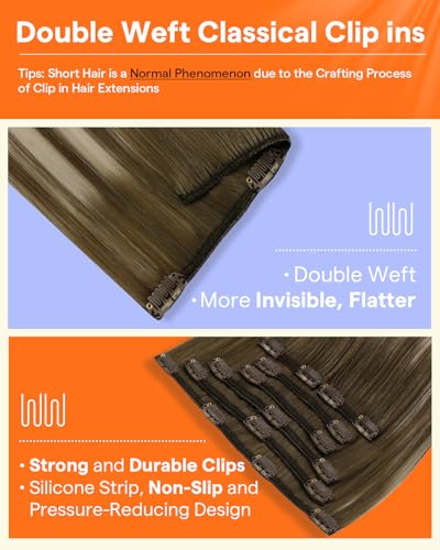 Image of Full Shine 18 Inch Clip in Extensions Remy Human Hair | Clip in Hair Extensions, Chestnut Brown Balayage to Brown With Platinum Blonde, Real Hair Clip ins, Double Weft, 7 Pcs 120g