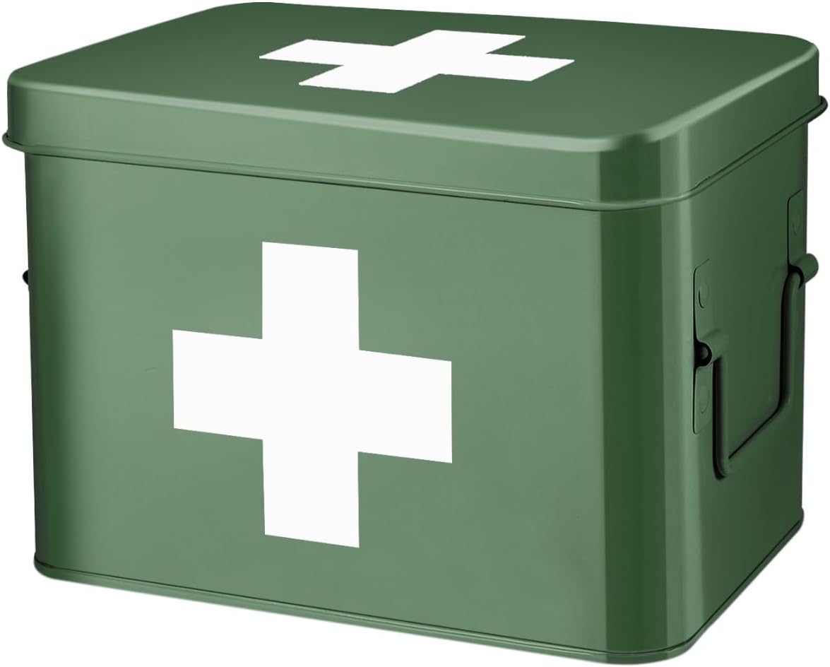 First Aid Box Organizer, Empty 8.5 Inch Green Vintage First Aid Kit Tin Metal Medical Box First Aid Storage Box Container Bins with Dividers, Removable Tray and Cross Logo