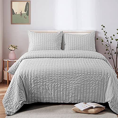 Ntbay Seersucker Twin Textured Duvet Cover Set, 2 Pieces (1 Duvet Cover + 1 Pillow Case), Light Grey Stripe Washed Microfiber Comforter Cover With Zipper Closure For Kids, 68X90 Inches, Light Grey #TOP14