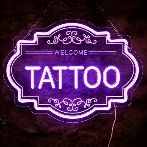 Image of Tattoo LED Neon Sign, 14 x 11 In Dimmable Light Up Wall Decor | USB Powered Dimmable Light up Tattoo Signs Decor for Bussiness Shop Studio & Salon, Gift for Artists, Include Hanging Chain