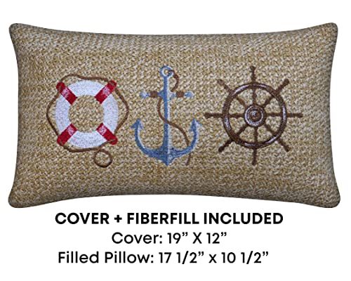 Honeycomb Indoor/Outdoor Raffia Sail Away Tan Lumbar Toss Pillow, Embroidered Faux Jute Fabric, Recycled Polyester Fill, Weather Resistant, 2 Pack of Decorative Toss Pillows: 19” x 12”