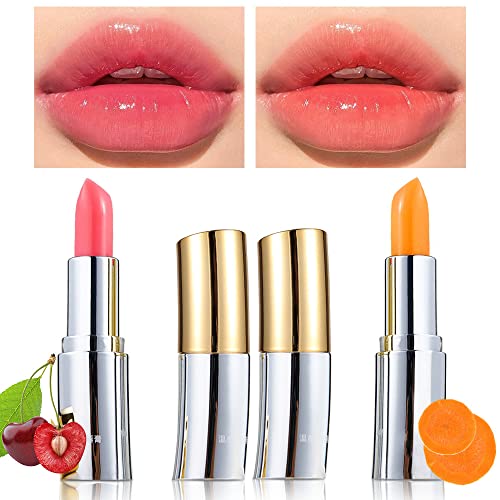 2 Pcs Color Changing Lipstick, Korean Lip Tint Temperature Change Mood Magic Lipstick,Moisturizer Waterproof Long Lasting Nutritious Lip Balm,Carrot Cherry Lip Stainï¼ŒJelly Color Change Lipstick Women