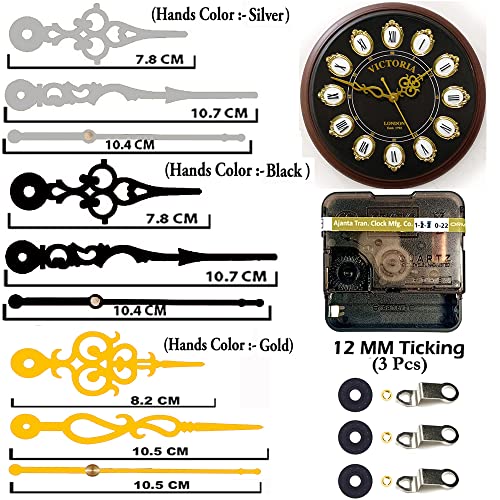 Image of YOPY Combo of 3 Ajanta Mfg. Battery Operated Plastic Ticking Clock Movement Machine with Hands (Black+Silver+Gold)(Desing 7)