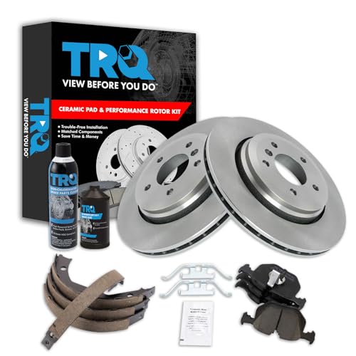 Image of TRQ Rear Brake Pad & Rotor Kit, with Chemical Kit Parking Brake Shoe Set Ceramic Compatible with 2001-2006 BMW 330Ci 2001-2005 330i 330xi