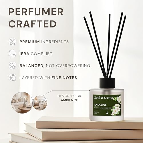 Image of Soul & Scents 50ml Jasmine Reed Diffuser Set | Essence of Orris and Patchouli | Get 5 Rattan Reed Sticks | Smoke Less Room Freshener for Home, Bedroom, Living Room & Office