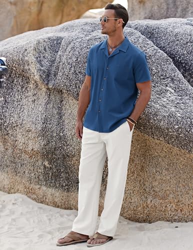 Image of COOFANDY Men 2 Piece Linen Outfit Beach Button Down Shirt Casual Loose Pant Sets
