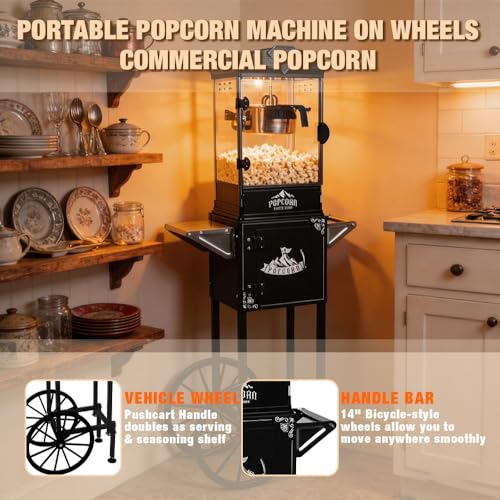 Image of Popcorn Machine with Cart,Wheels & 10 Oz Kettle Popcorn Maker Measuring 3 plastic spoon Home Theater Popcorn Machine-Black