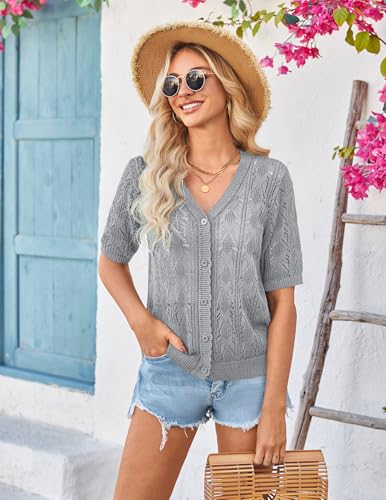 Image of Yekaty Womens 2026 Short Sleeve Crochet Summer Cardigan Cropped Button Sweater Lightweight Shrug for Dress