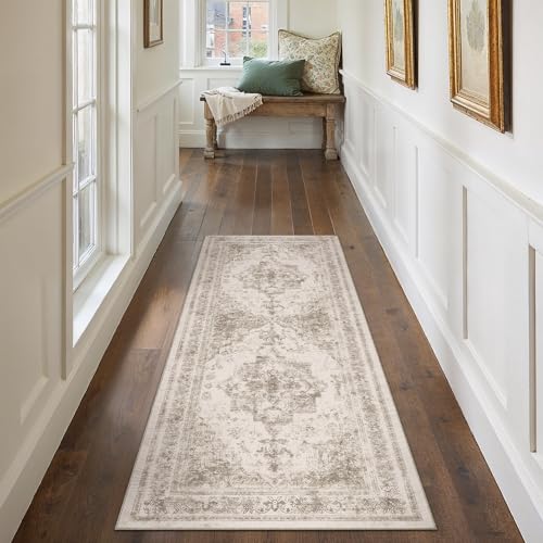Runner Rug 2x5 Beige Hallway Washable Carpet Non Slip Vintage Medallion Carpet Low Pile Soft Distressed Retro Indoor Long Rug for Entryway Kitchen Bathroom Laundry Bedroom